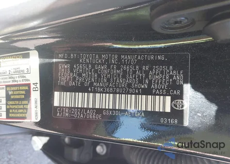 2008 Toyota Avalon Xl z USA, uszkodzony, nr VIN 4T1BK36B78U279041